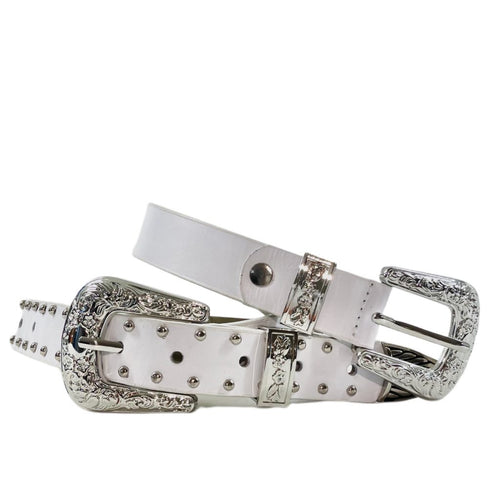 Double Buckle Studded White Belt